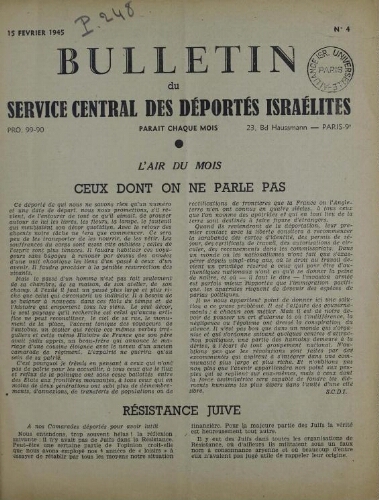 Bulletin du Service central des déportés israélites. N° 4 (15 février 1945)